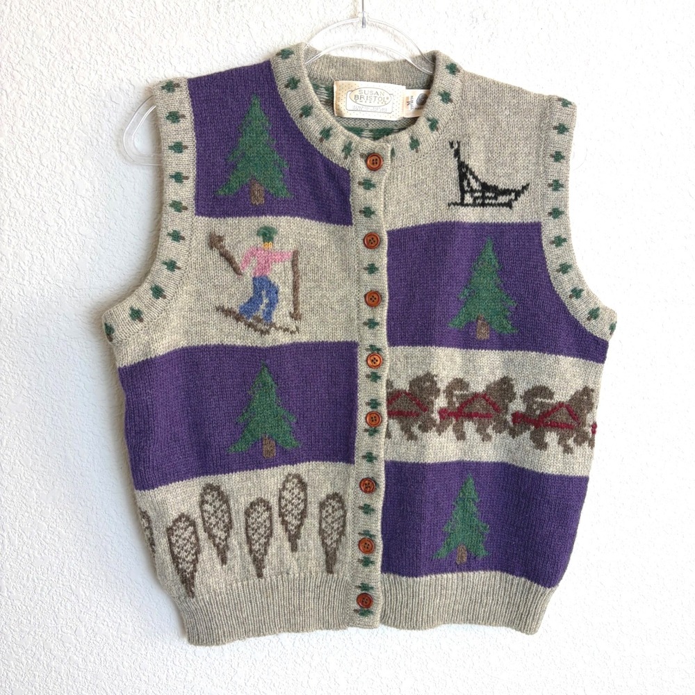 Susan Bristol Vintage Wool Sweater Vest Womens Medium Purple Grey Winter Ski